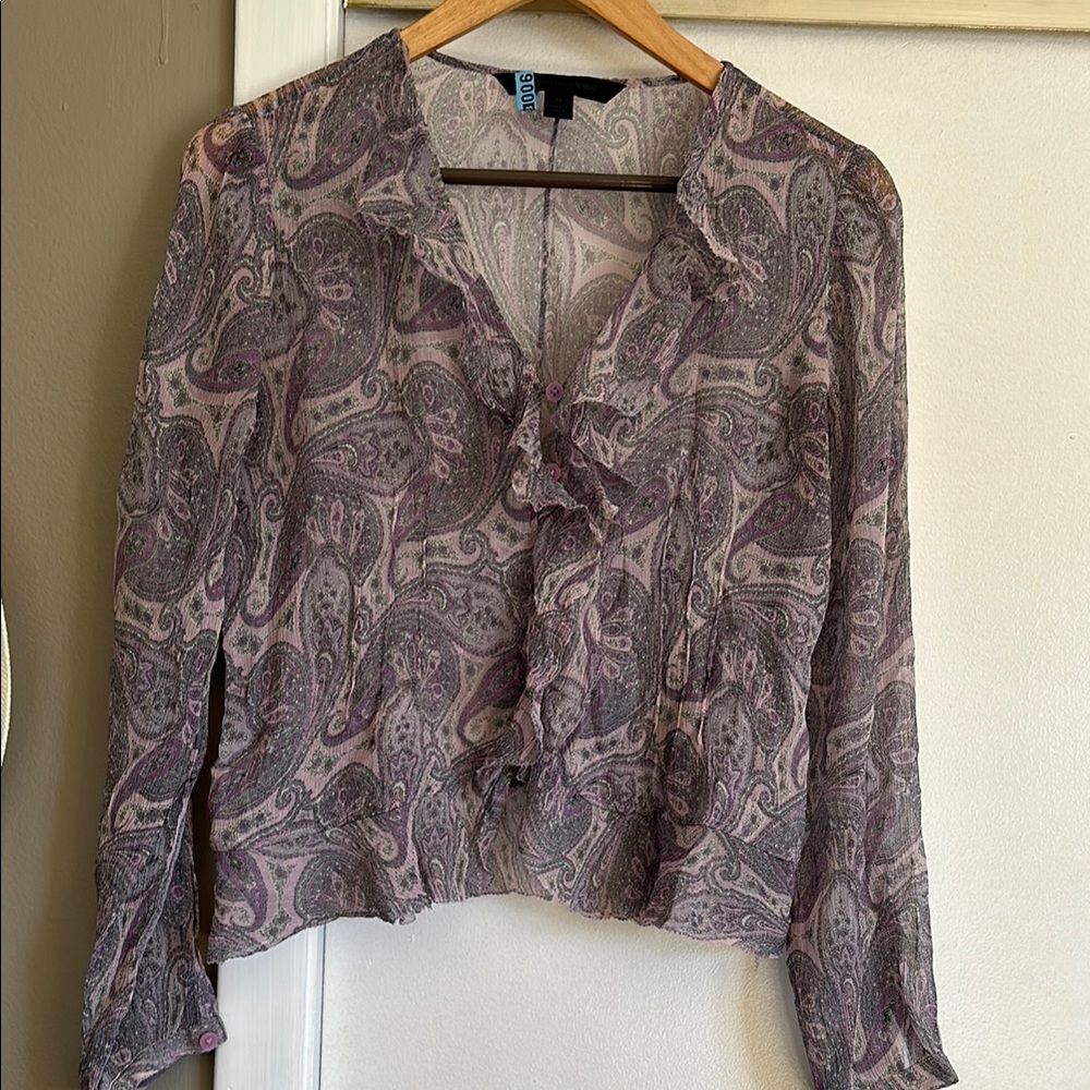 Express Purple Blouse with Long Sleeves and Ruffled Neckline